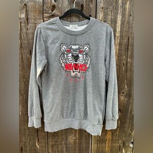 Kenzo Paris Unisex Gray Crew Neck Sweater with Embroidered Lucky Tiger